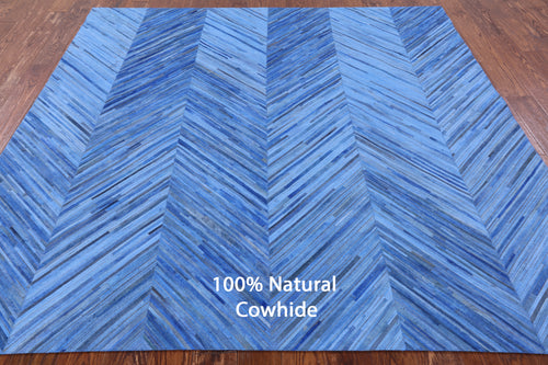 Clearance Blue Square Patchwork Natural Cowhide Rug - 7' 5