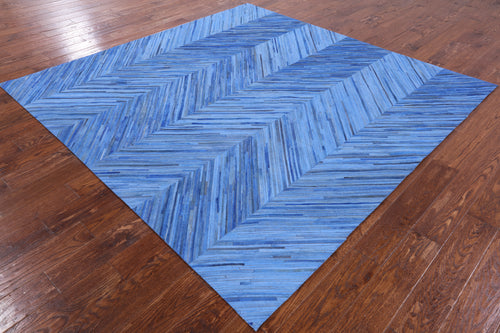 Clearance Blue Square Patchwork Natural Cowhide Rug - 7' 5