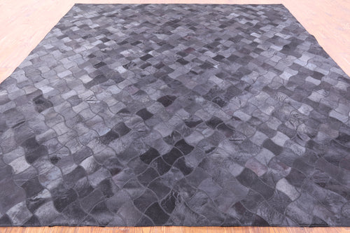 Black Square Patchwork Natural Cowhide Rug - 10' 0