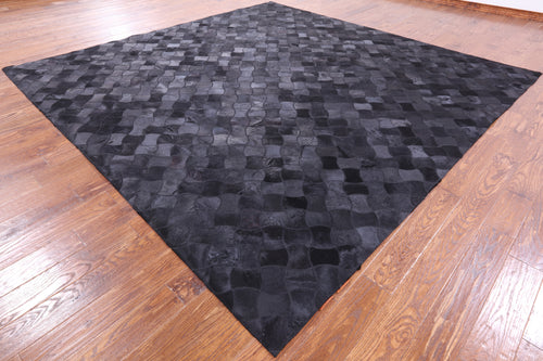 Black Square Patchwork Natural Cowhide Rug - 10' 0
