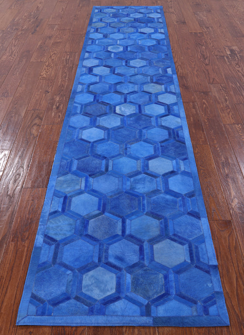 Blue Patchwork Natural Cowhide Runner Rug - 2' 5