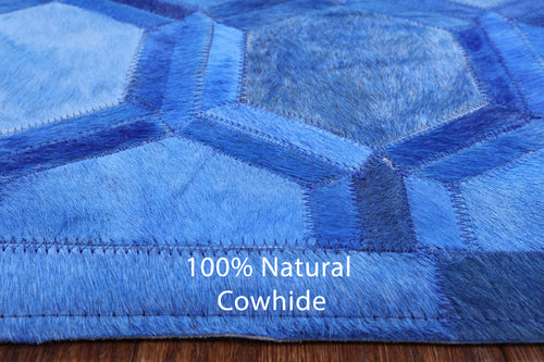 Blue Patchwork Natural Cowhide Runner Rug - 2' 5