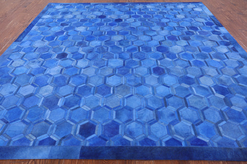 Blue Square Patchwork Natural Cowhide Rug - 10' 0