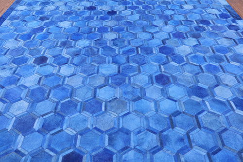 Blue Square Patchwork Natural Cowhide Rug - 10' 0