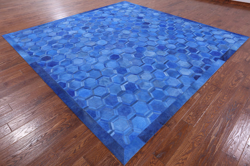Blue Square Patchwork Natural Cowhide Rug - 10' 0