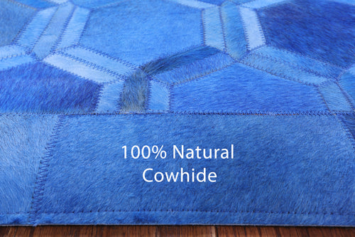 Blue Square Patchwork Natural Cowhide Rug - 10' 0