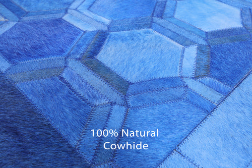Blue Square Patchwork Natural Cowhide Rug - 8' 0