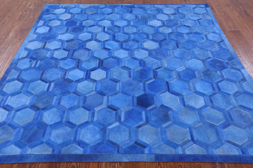 Blue Square Patchwork Natural Cowhide Rug - 7' 0