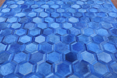 Blue Square Patchwork Natural Cowhide Rug - 7' 0