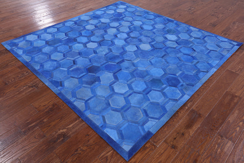 Blue Square Patchwork Natural Cowhide Rug - 7' 0