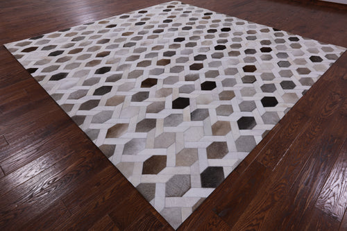 Grey & White Square Patchwork Natural Cowhide Rug - 10' 0