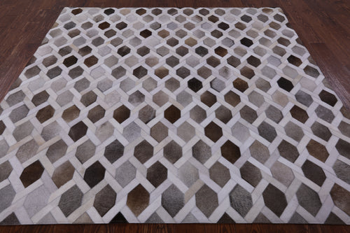 Grey & White Square Patchwork Natural Cowhide Rug - 7' 0