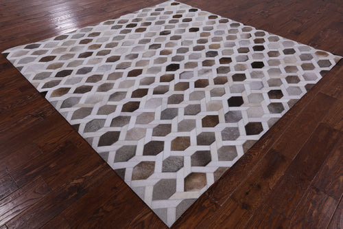 Grey & White Square Patchwork Natural Cowhide Rug - 7' 0