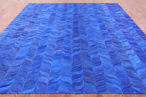Blue Square Patchwork Natural Cowhide Rug - 10' 0