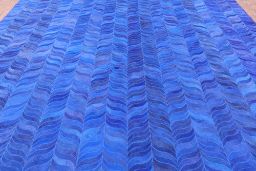 Blue Square Patchwork Natural Cowhide Rug - 10' 0