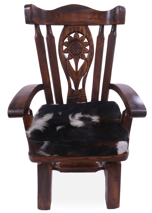 Reclaimed Wood Chair Handcarved Back Sunflower Removable Hair-On Cowhide Pillow