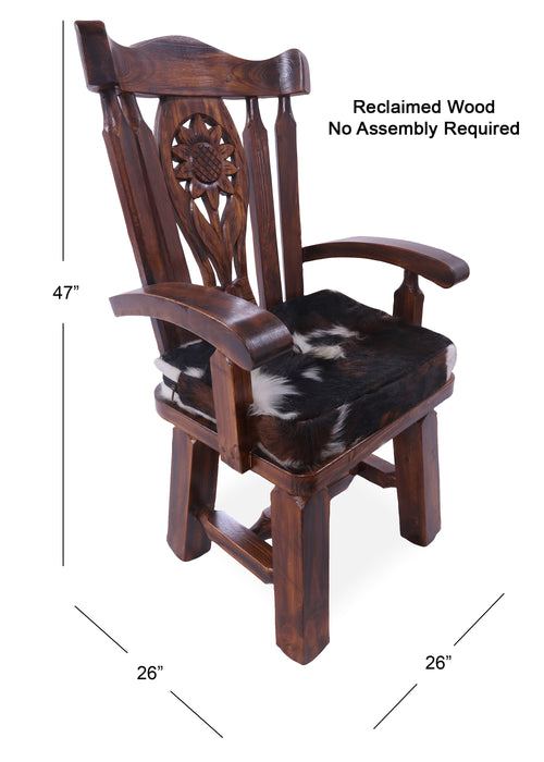 Reclaimed Wood Chair Handcarved Back Sunflower Removable Hair-On Cowhide Pillow