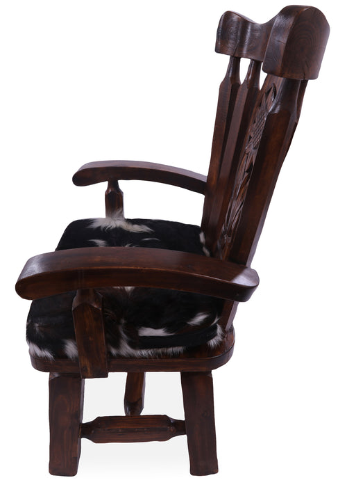 Reclaimed Wood Chair Handcarved Back Sunflower Removable Hair-On Cowhide Pillow