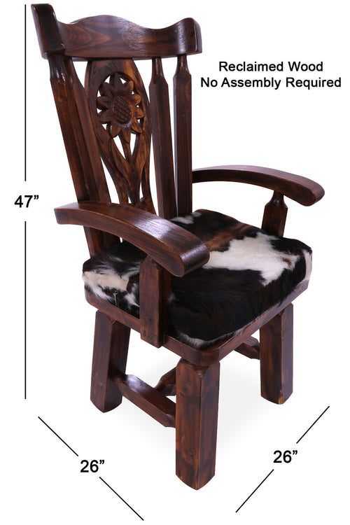 Reclaimed Wood Chair Handcarved Back Sunflower Removable Hair-On Cowhide Pillow