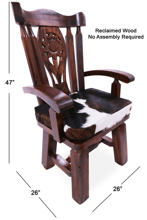 Reclaimed Wood Chair Handcarved Back Sunflower Removable Hair-On Cowhide Pillow