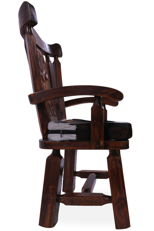 Reclaimed Wood Chair Handcarved Back Sunflower Removable Hair-On Cowhide Pillow