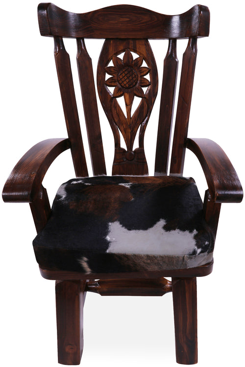 Reclaimed Wood Chair Handcarved Back Sunflower Removable Hair-On Cowhide Pillow