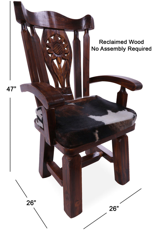Reclaimed Wood Chair Handcarved Back Sunflower Removable Hair-On Cowhide Pillow