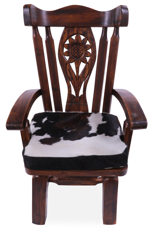 Reclaimed Wood Chair Handcarved Back Sunflower Removable Hair-On Cowhide Pillow