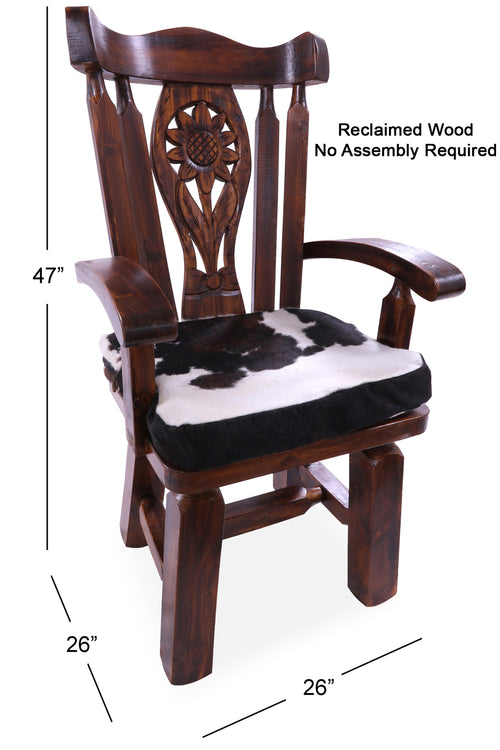Reclaimed Wood Chair Handcarved Back Sunflower Removable Hair-On Cowhide Pillow