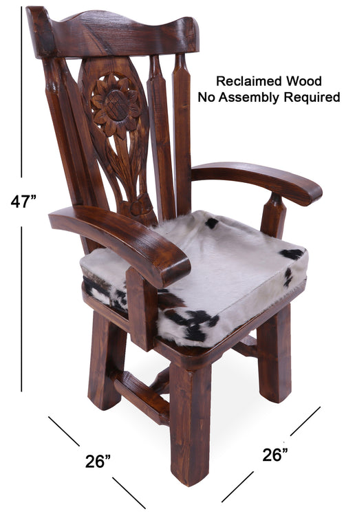 Reclaimed Wood Chair Handcarved Back Sunflower Removable Hair-On Cowhide Pillow