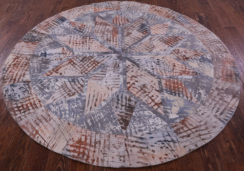 Abstract Round Patchwork Printed Natural Cowhide Rug - 6' 7