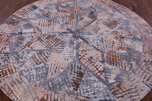 Abstract Round Patchwork Printed Natural Cowhide Rug - 6' 7