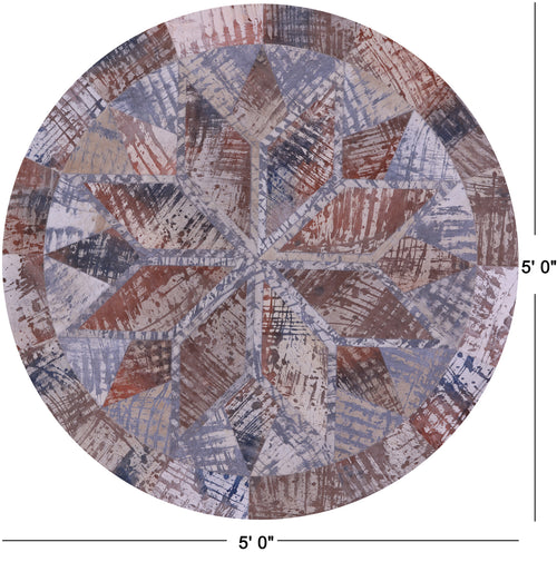 Abstract Round Patchwork Printed Natural Cowhide Rug - 5' 0