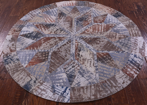 Abstract Round Patchwork Printed Natural Cowhide Rug - 5' 0