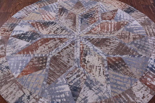 Abstract Round Patchwork Printed Natural Cowhide Rug - 5' 0