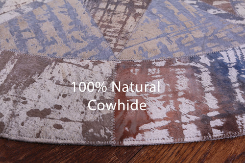 Abstract Round Patchwork Printed Natural Cowhide Rug - 5' 0