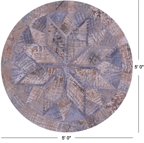 Abstract Round Patchwork Printed Natural Cowhide Rug - 5' 0