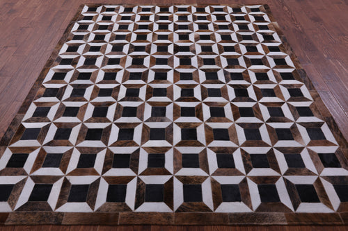 Brown & White Patchwork Natural Black Cowhide Rug - 7' 0