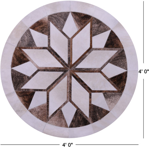 Brown & White Round Star Patchwork Natural Cowhide Rug - 4' 0