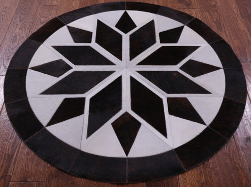 Brown & White Round Patchwork Natural Cowhide Rug - 4' 0
