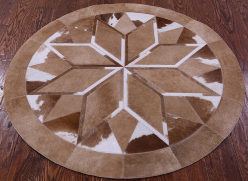 Brown & White Round Patchwork Natural Cowhide Rug - 4' 0