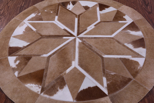 Brown & White Round Patchwork Natural Cowhide Rug - 4' 0