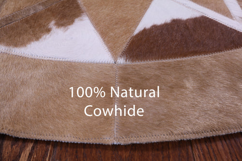 Brown & White Round Patchwork Natural Cowhide Rug - 4' 0