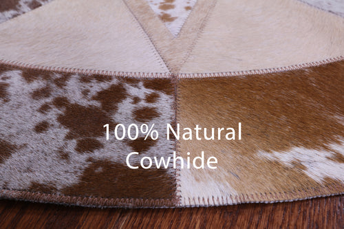 Brown & White Round Patchwork Natural Cowhide Rug - 4' 0