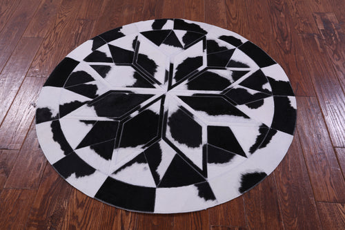 Black & White Round Patchwork Natural Cowhide Rug - 4' 0