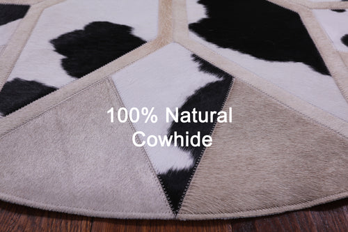 Black & White Round Patchwork Natural Cowhide Rug - 4' 0