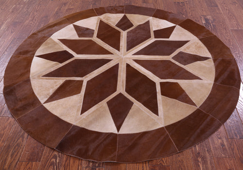 Brown Round Patchwork Natural Cowhide Rug - 6' 6