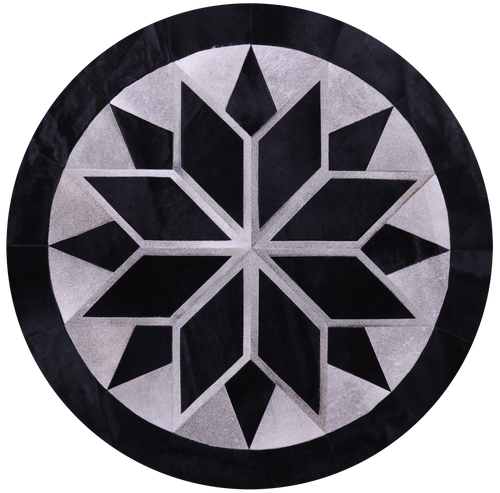 Black Round Patchwork Grey Natural Cowhide Rug - 6' 6