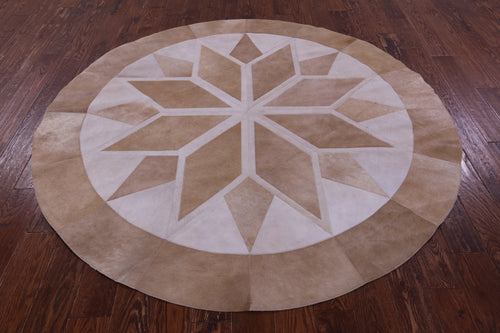 Brown Round Patchwork Natural Cowhide Rug - 6' 6