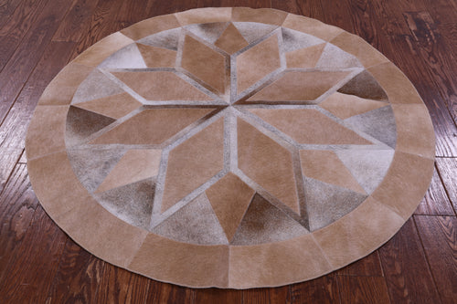 Brown Round Patchwork Natural Cowhide Rug - 5' 0